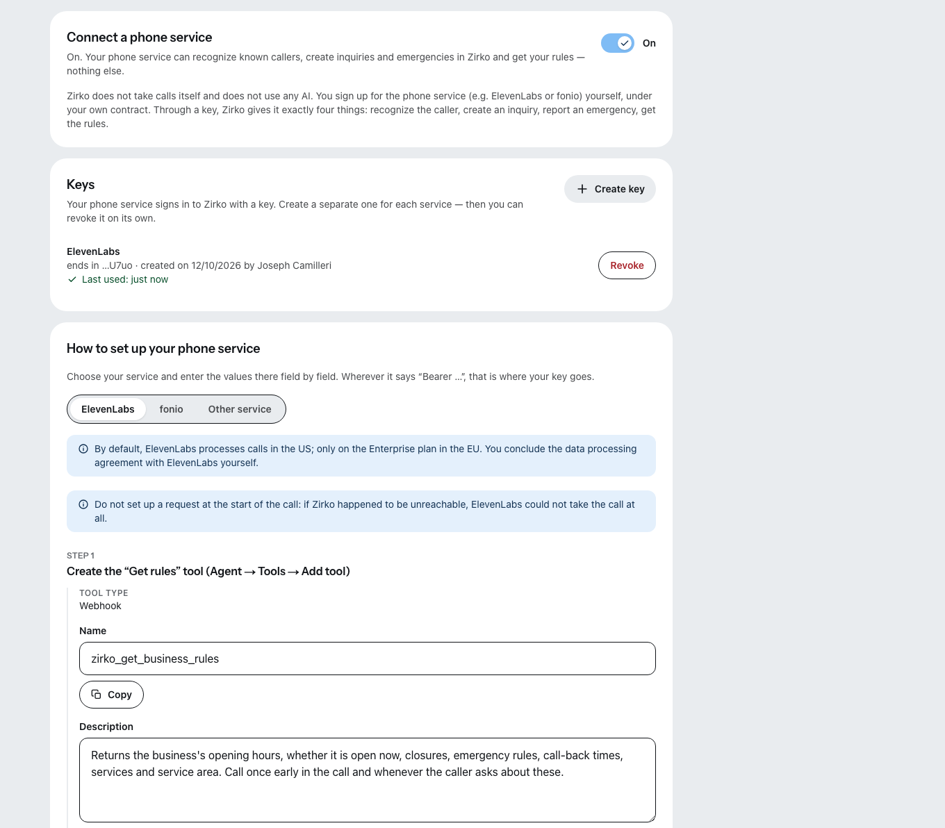 The “AI phone service” setting: the phone service is connected, only the last characters of the key are shown, and below that “How to set up your phone service” with the fields for ElevenLabs to copy.