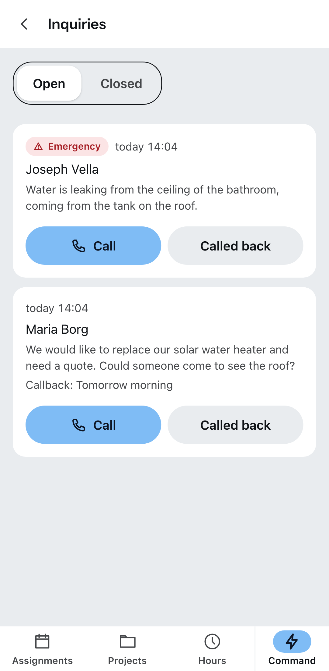 “Inquiries” in the Zirko App: the emergency first, below it an inquiry with a callback request.