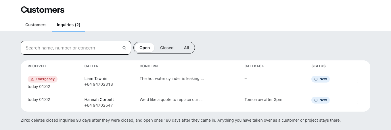 “Inquiries” under Customers: an emergency at the top, marked as an emergency, below it an inquiry with a callback request, each with caller, concern and callback.