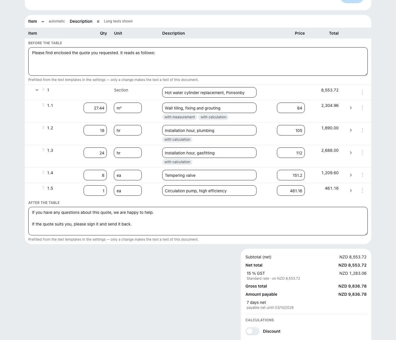 The document editor: line items with quantity, unit, unit price and tax rate, with the document totals on the right.