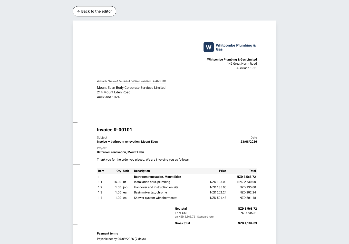 The preview of the finished invoice: recipient, line items with quantity and unit price, below them the net total, the tax and the gross total, plus the payment terms.