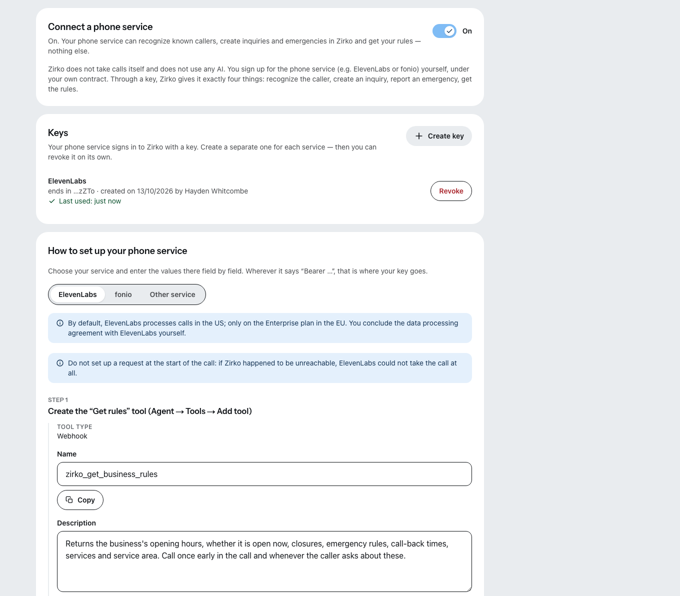 The “AI phone service” setting: the phone service is connected, only the last characters of the key are shown, and below that “How to set up your phone service” with the fields for ElevenLabs to copy.