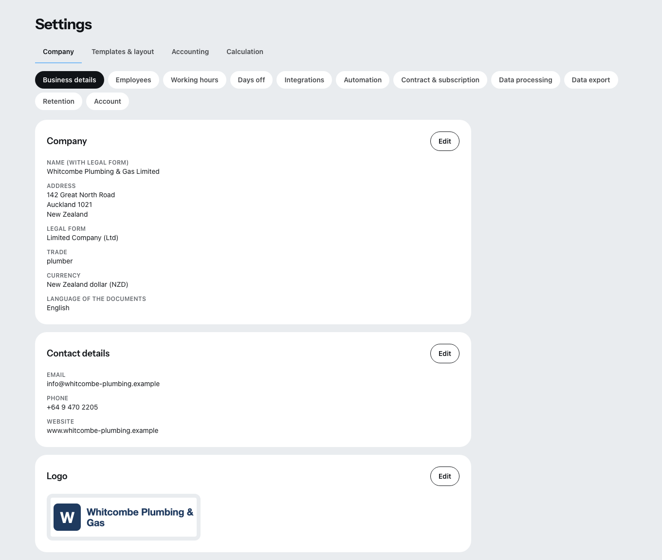 The settings with the tabs company, templates and layout, accounting and costing.