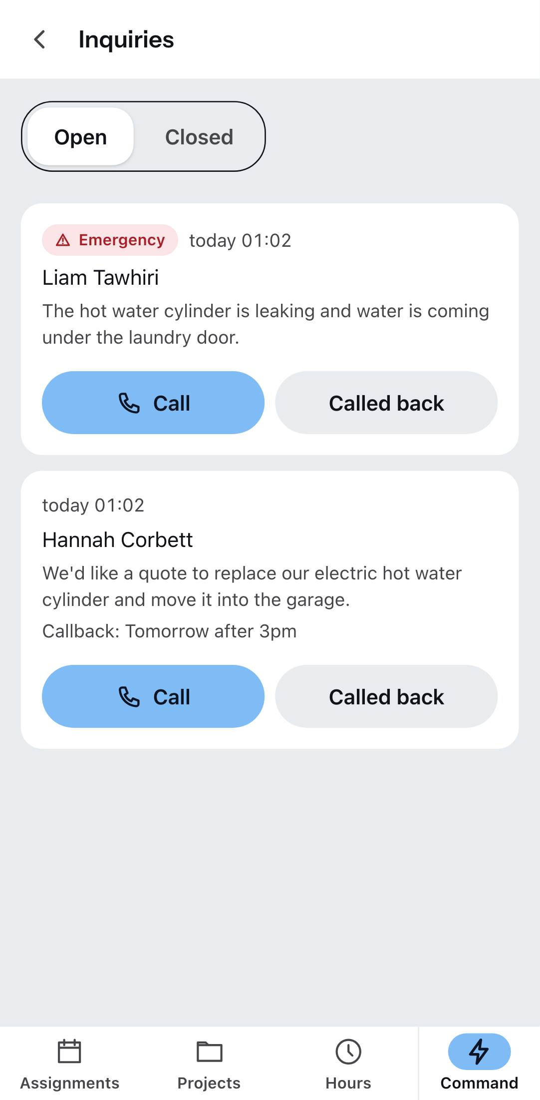 “Inquiries” in the Zirko App: the emergency first, below it an inquiry with a callback request.