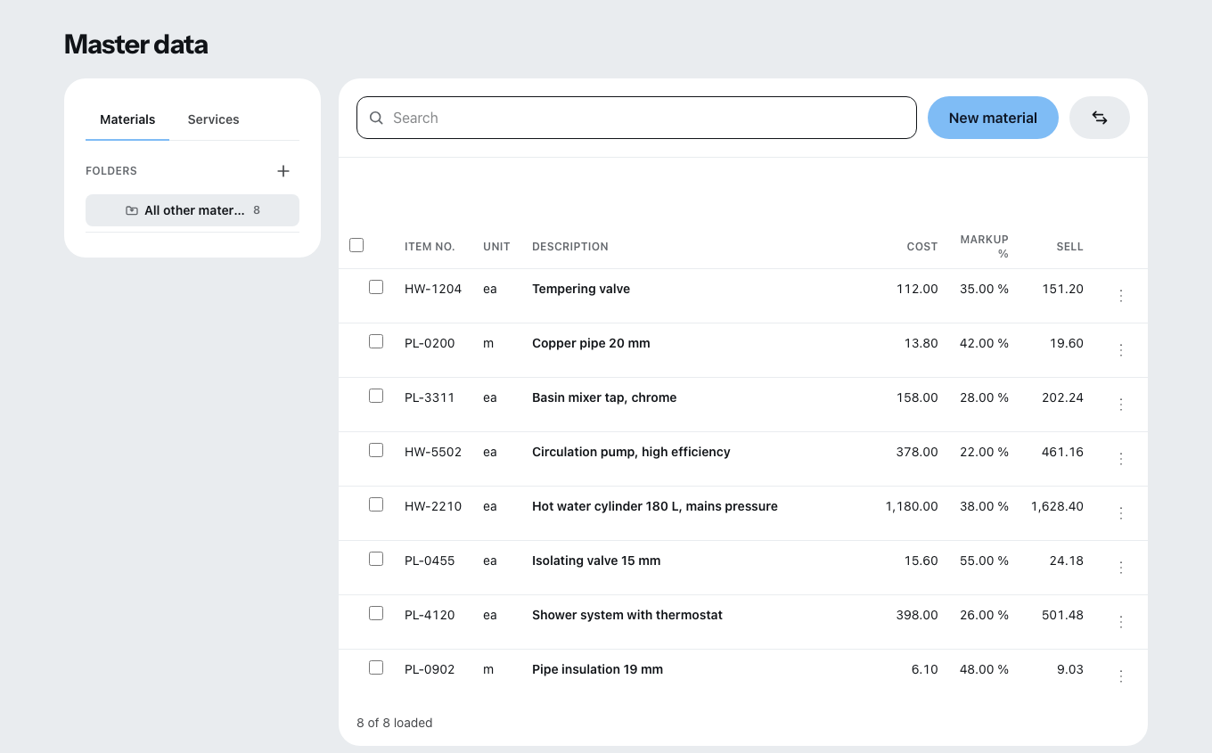 The price lists with tabs for materials and services: on the left the folder tree, on the right each row with article number, unit, description, purchase price, markup in percent and selling price.