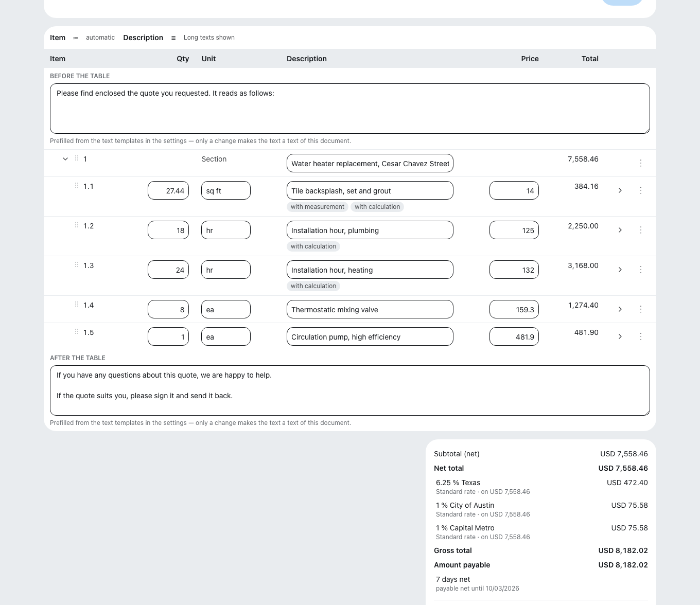 The document editor: line items with quantity, unit, unit price and tax rate, with the document totals on the right.