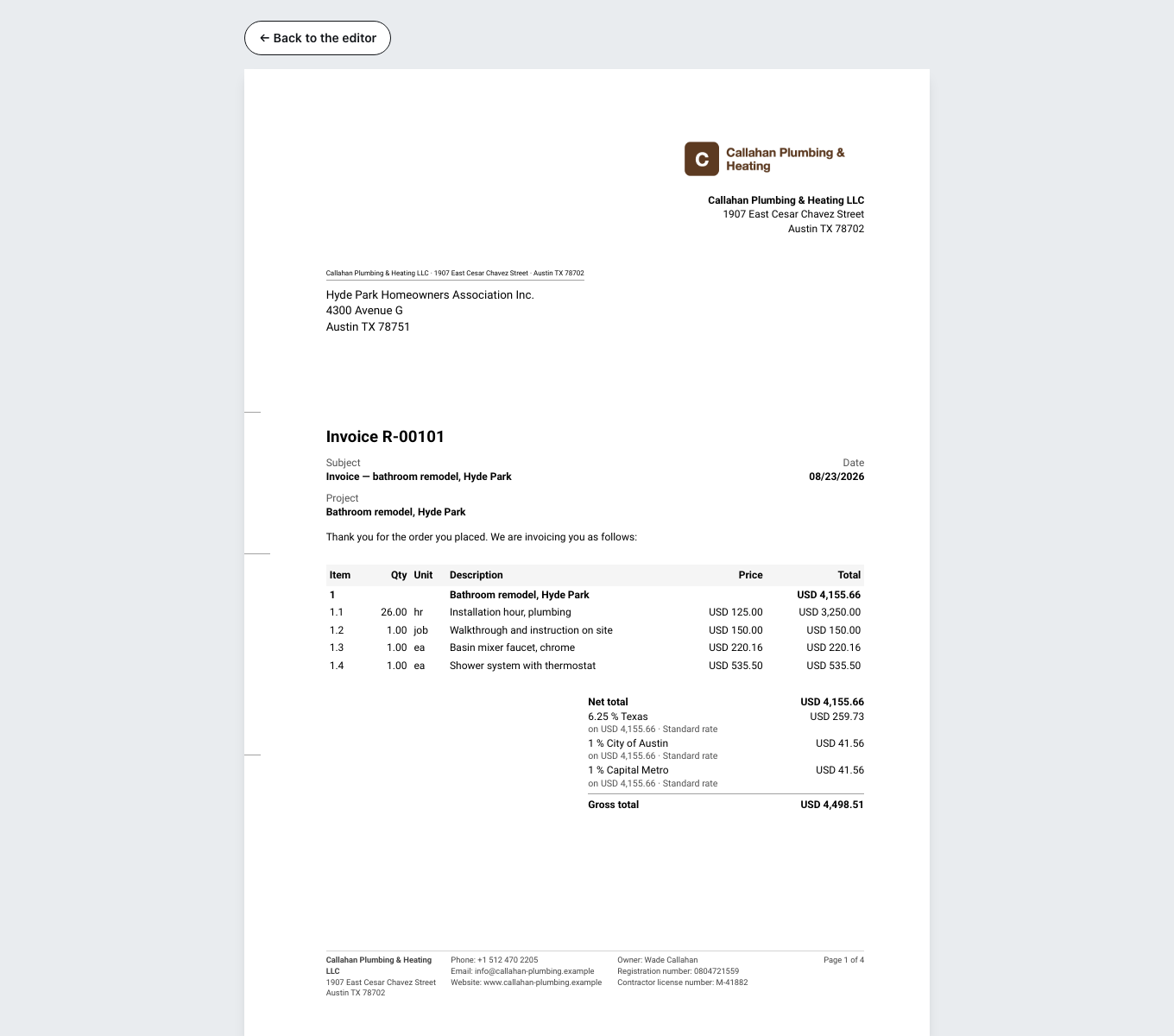 The preview of the finished invoice: recipient, line items with quantity and unit price, below them the net total, the tax and the gross total, plus the payment terms.