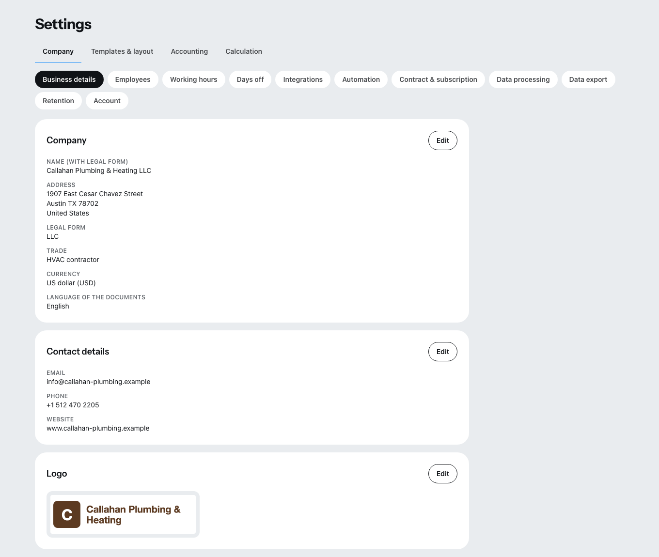 The settings with the tabs company, templates and layout, accounting and costing.