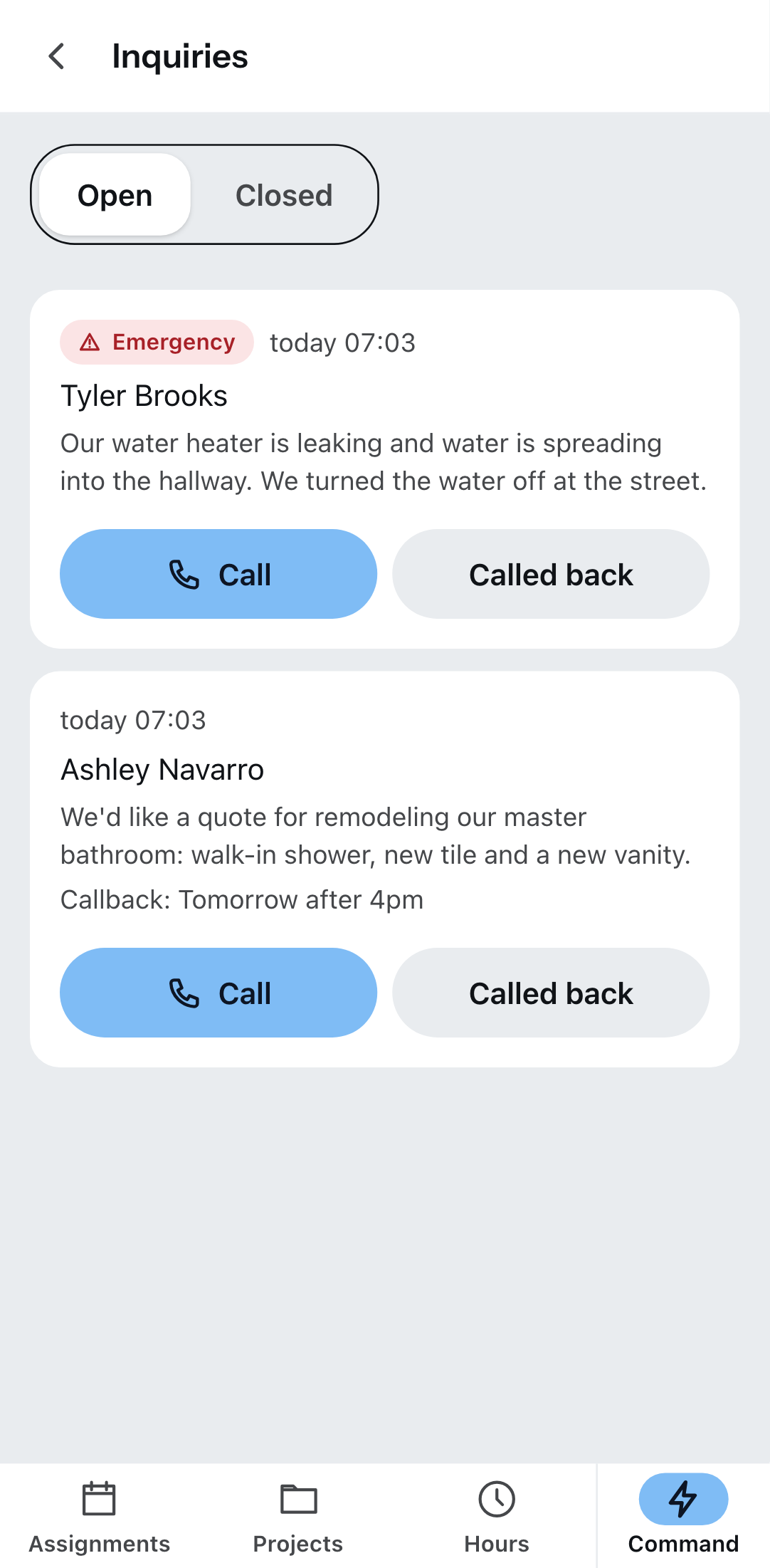 “Inquiries” in the Zirko App: the emergency first, below it an inquiry with a callback request.