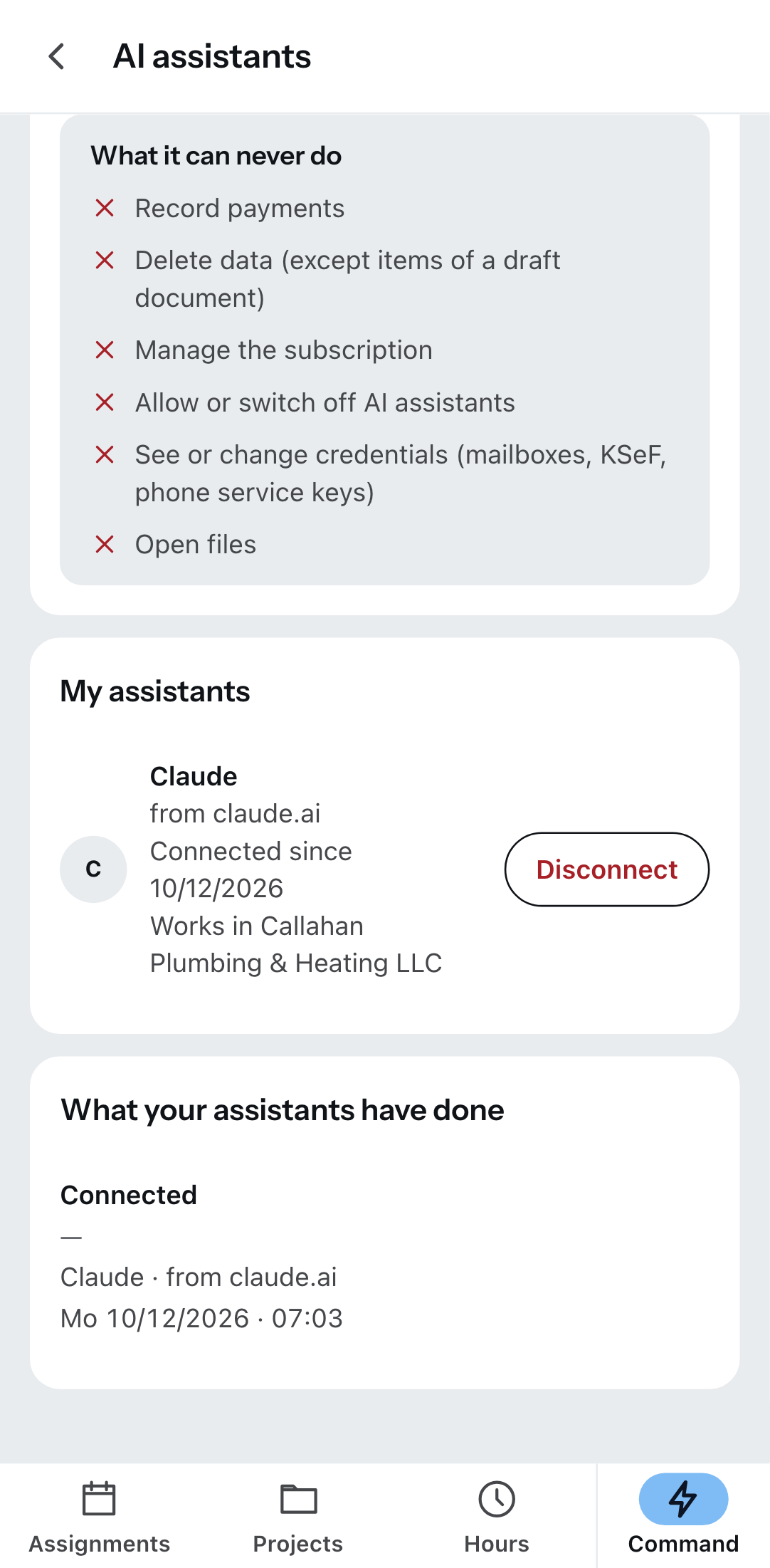 “AI assistants” in the Zirko App: a connected assistant and the button that disconnects it.