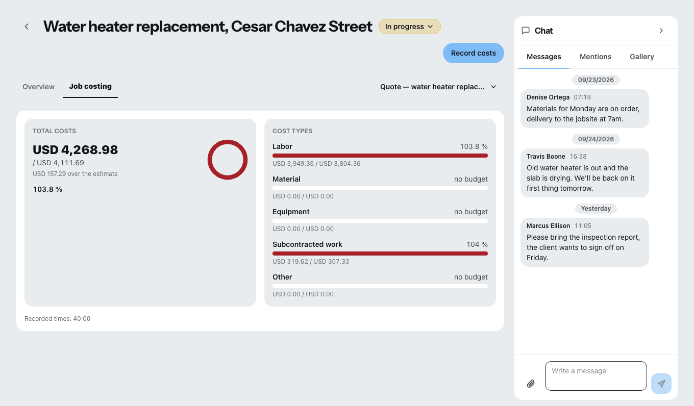The Job costing tab on a project: a total costs card with a ring showing the actual against the estimate, beside a cost types card listing Labor, Material, Equipment, Subcontracted work and Other, each with its own bar and its actual set against its budget; the crew chat sits in a panel on the right.