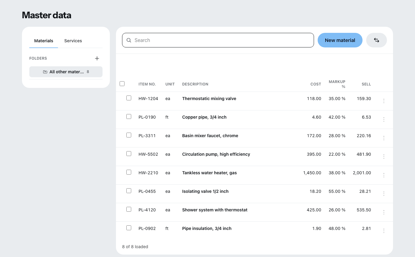 The price lists with tabs for materials and services: on the left the folder tree, on the right each row with article number, unit, description, purchase price, markup in percent and selling price.