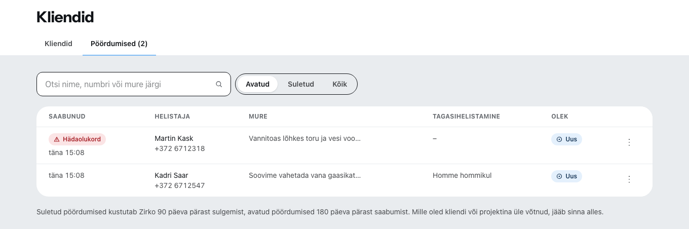 Sakk „Pöördumised“ jaotises Kliendid: üleval hädaolukord, hädaolukorrana tähistatud, selle all pöördumine tagasihelistamise sooviga, igaühel helistaja, mure ja tagasihelistamine.