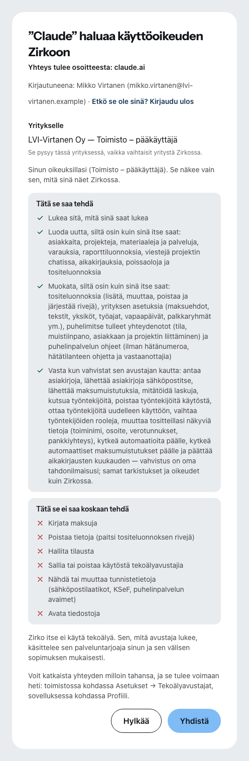Zirkon suostumussivu, kun Claude haluaa muodostaa yhteyden: kuka pyytää ja mistä, kuka on kirjautuneena, mille yritykselle ja millä oikeuksilla, alla se, mitä avustaja saa tehdä ja mitä ei koskaan.