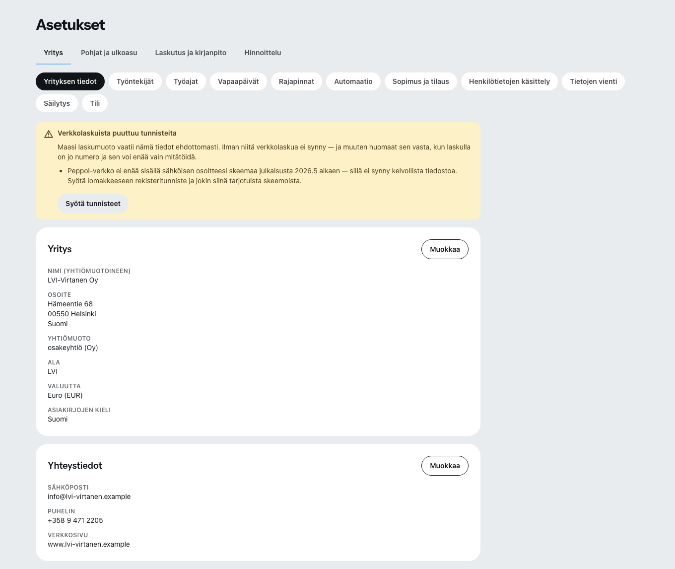 Asetukset välilehtineen: yritys, mallit ja ulkoasu, kirjanpito ja laskenta.