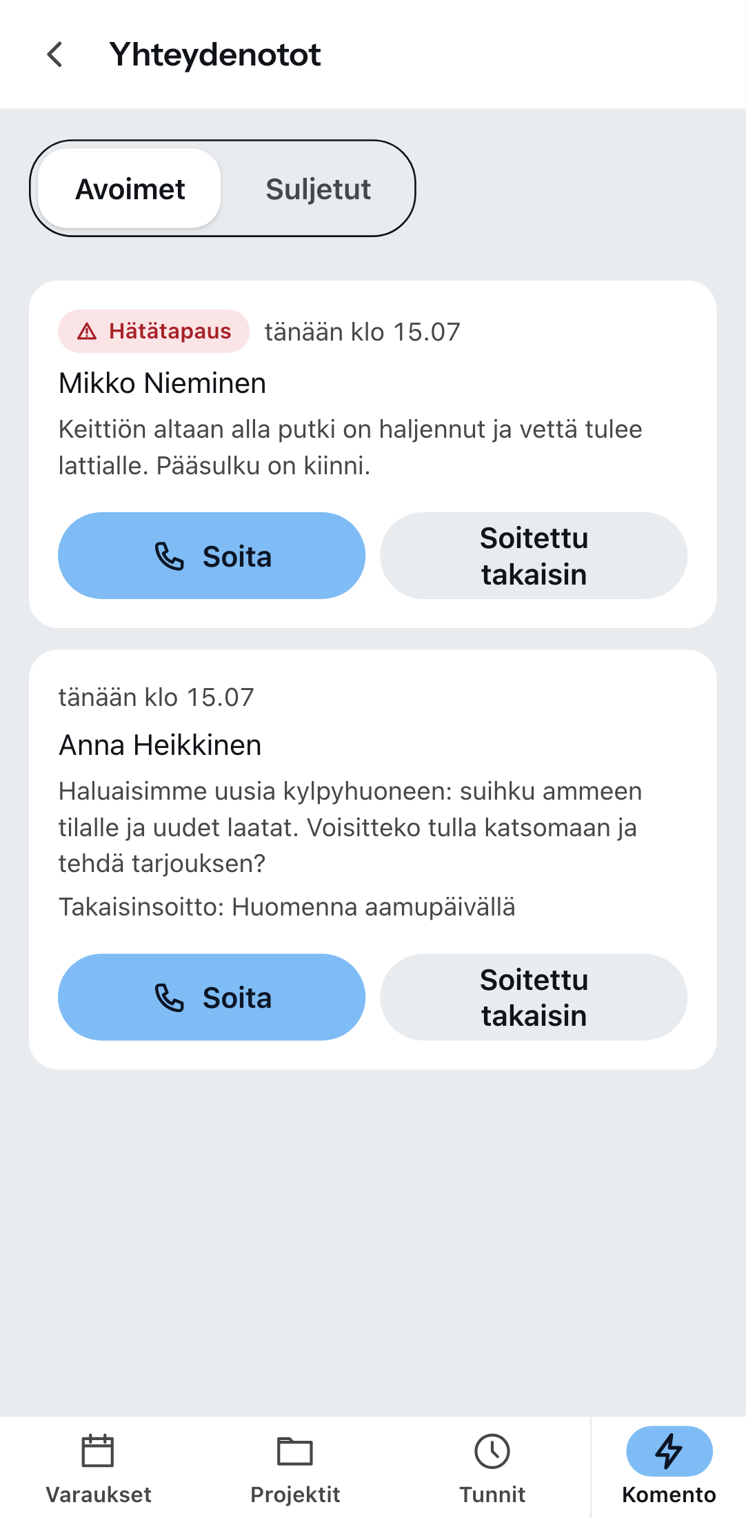 ”Yhteydenotot” Zirko-sovelluksessa: hätätapaus ensin, sen alla yhteydenotto takaisinsoittotoiveella.