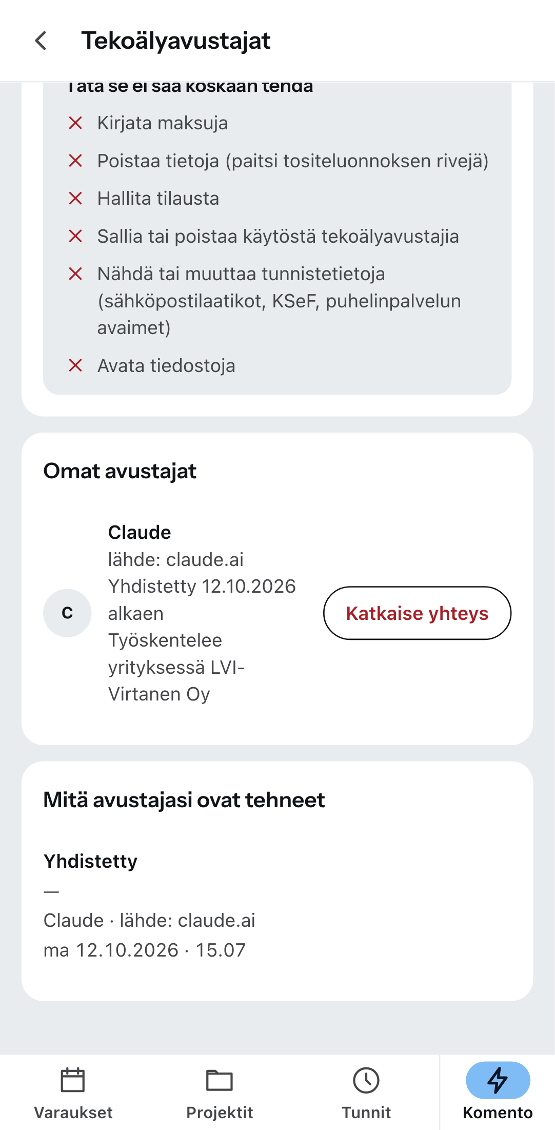 ”Tekoälyavustajat” Zirko-sovelluksessa: yhdistetty avustaja ja painike, jolla katkaiset yhteyden.