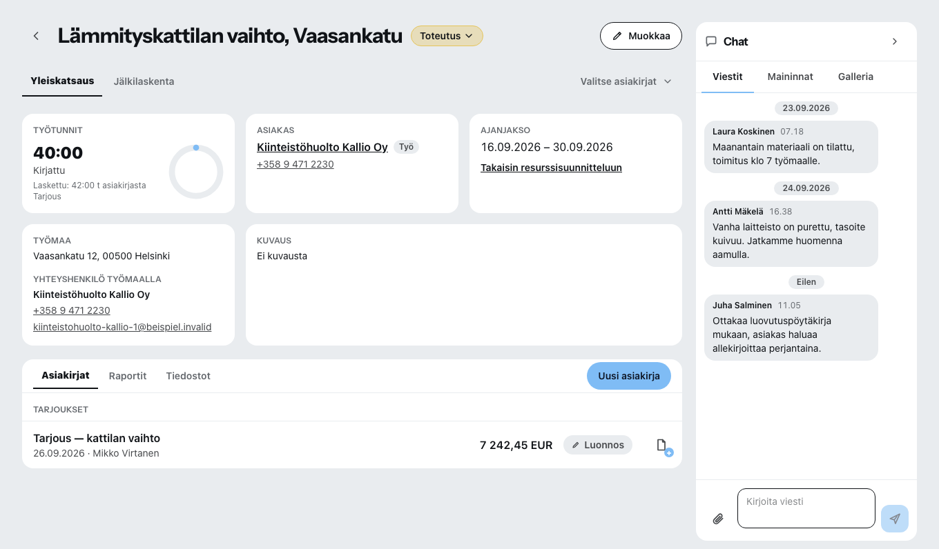 Avattu projekti: ylhäällä välilehdet yleiskuva ja jälkilaskenta, vasemmalla kirjatut tunnit, asiakas, ajanjakso ja työmaan osoite, niiden alla välilehdet asiakirjat, päiväkirjat ja tiedostot, oikealla projektikeskustelu kolmella viestillä.