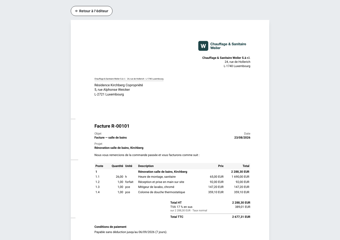 L'aperçu de la facture terminée : destinataire, postes avec quantité et prix unitaire, en dessous le total hors taxes, la TVA et le total TTC ainsi que les conditions de paiement.
