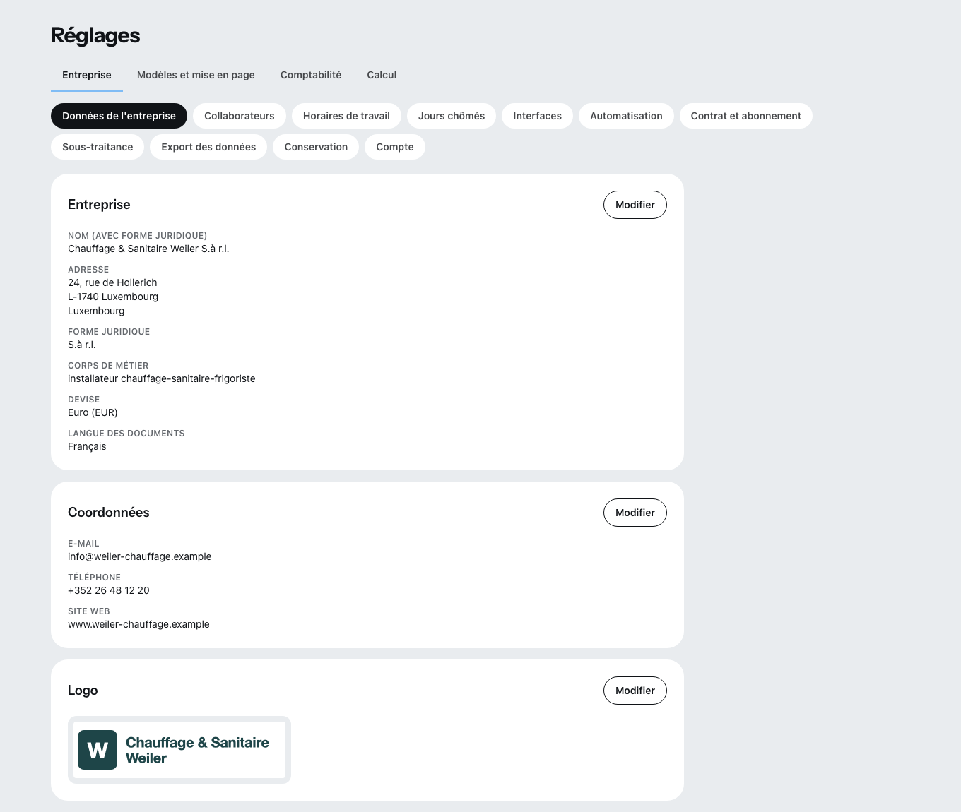 Les réglages avec les onglets entreprise, modèles et mise en page, comptabilité et calcul de prix.