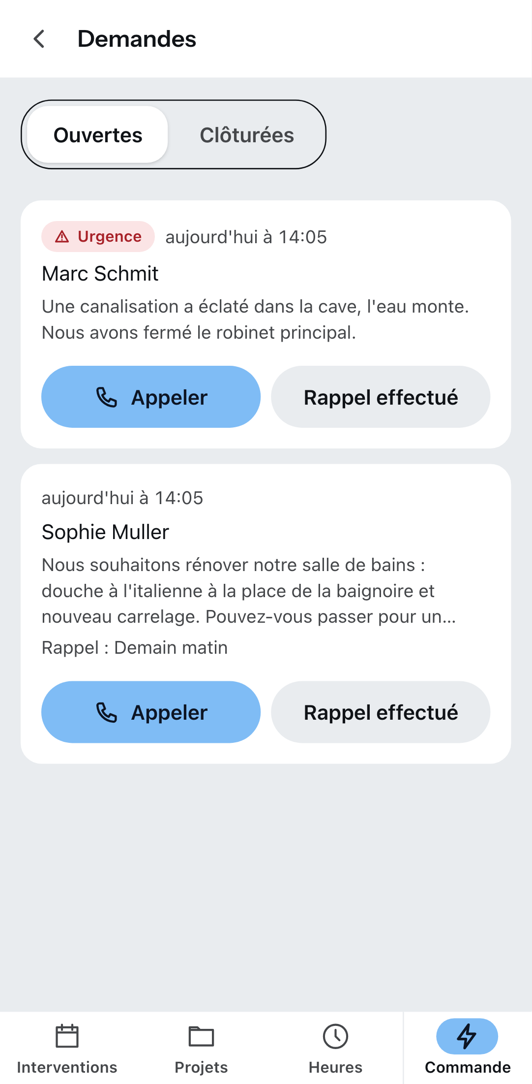 « Demandes » dans l’application Zirko : l’urgence d’abord, en dessous une demande avec souhait de rappel.