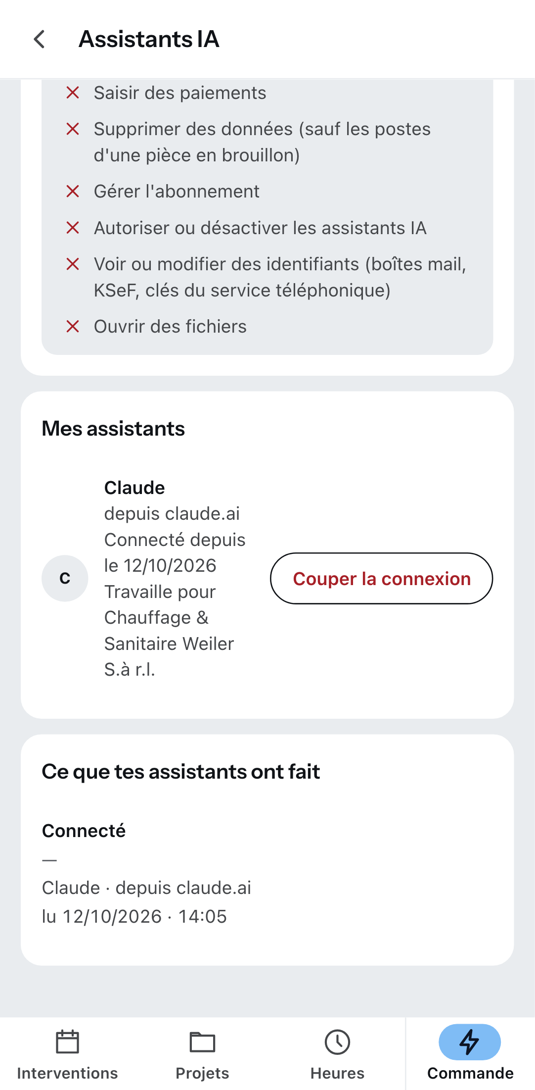 « Assistants IA » dans l’application Zirko : un assistant connecté et le bouton qui coupe la connexion.