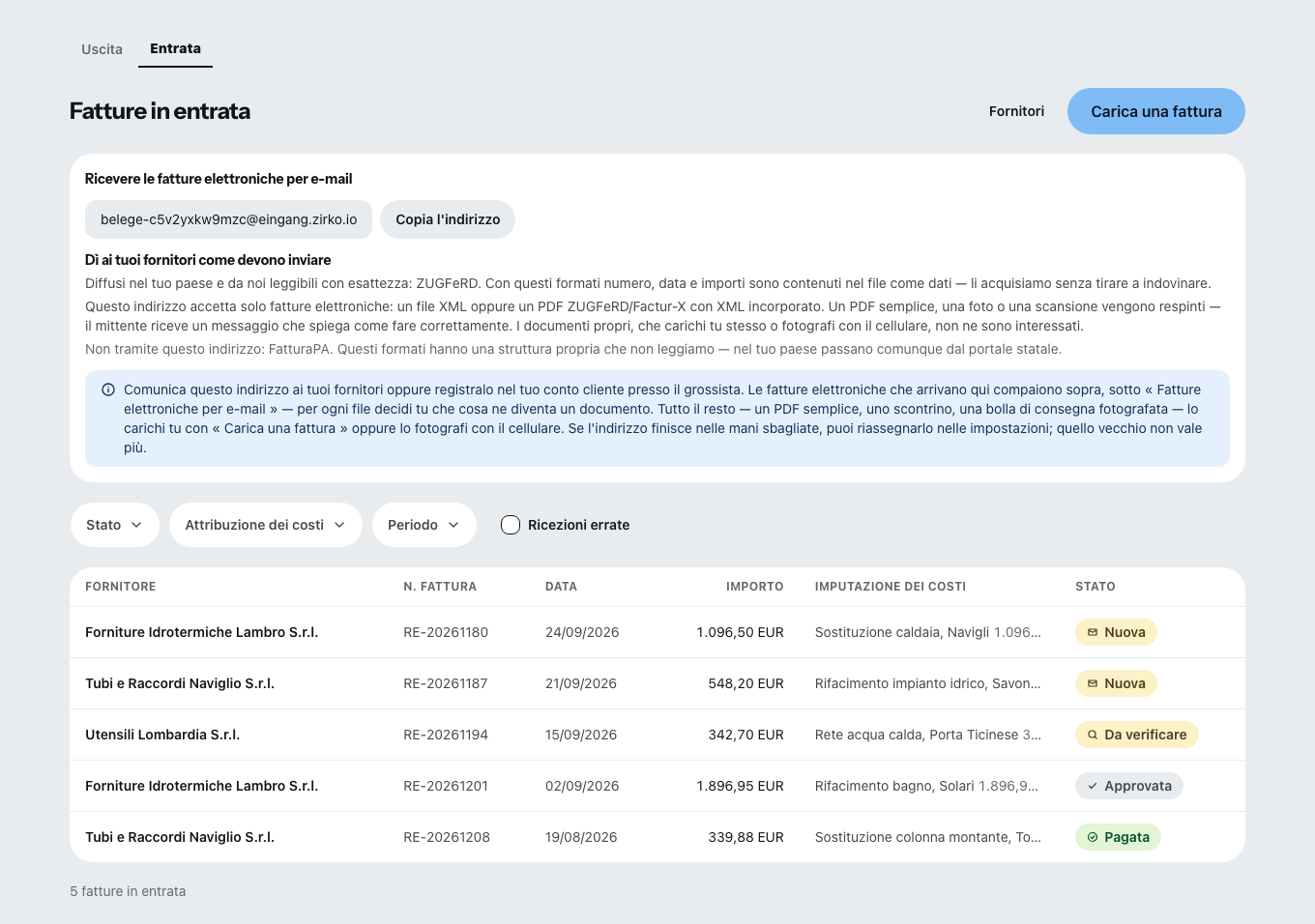 La ricezione fatture: in alto l’indirizzo di ricezione proprio dell’impresa con l’indicazione dei formati accettati, sotto per ogni riga fornitore, numero di fattura, data, importo, imputazione e stato.