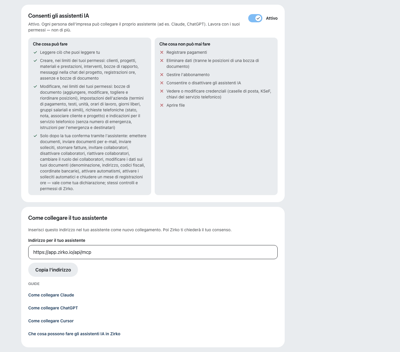 L’impostazione «Assistenti IA»: l’interruttore «Consenti gli assistenti IA» è attivo, sotto che cosa un assistente può fare e che cosa mai, e l’indirizzo per il tuo assistente da copiare.