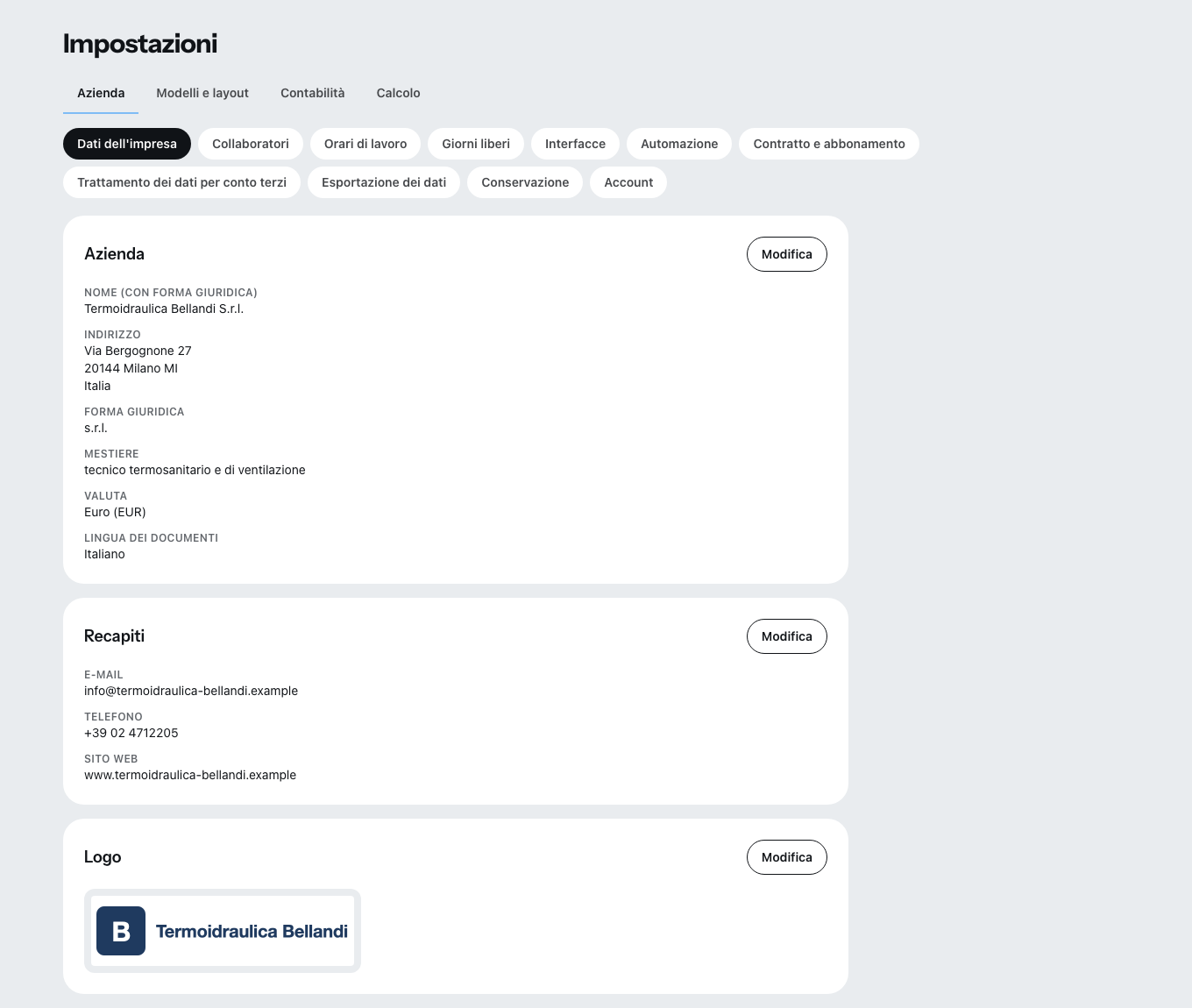 Le impostazioni con le schede impresa, modelli e layout, contabilità e calcolo dei prezzi.