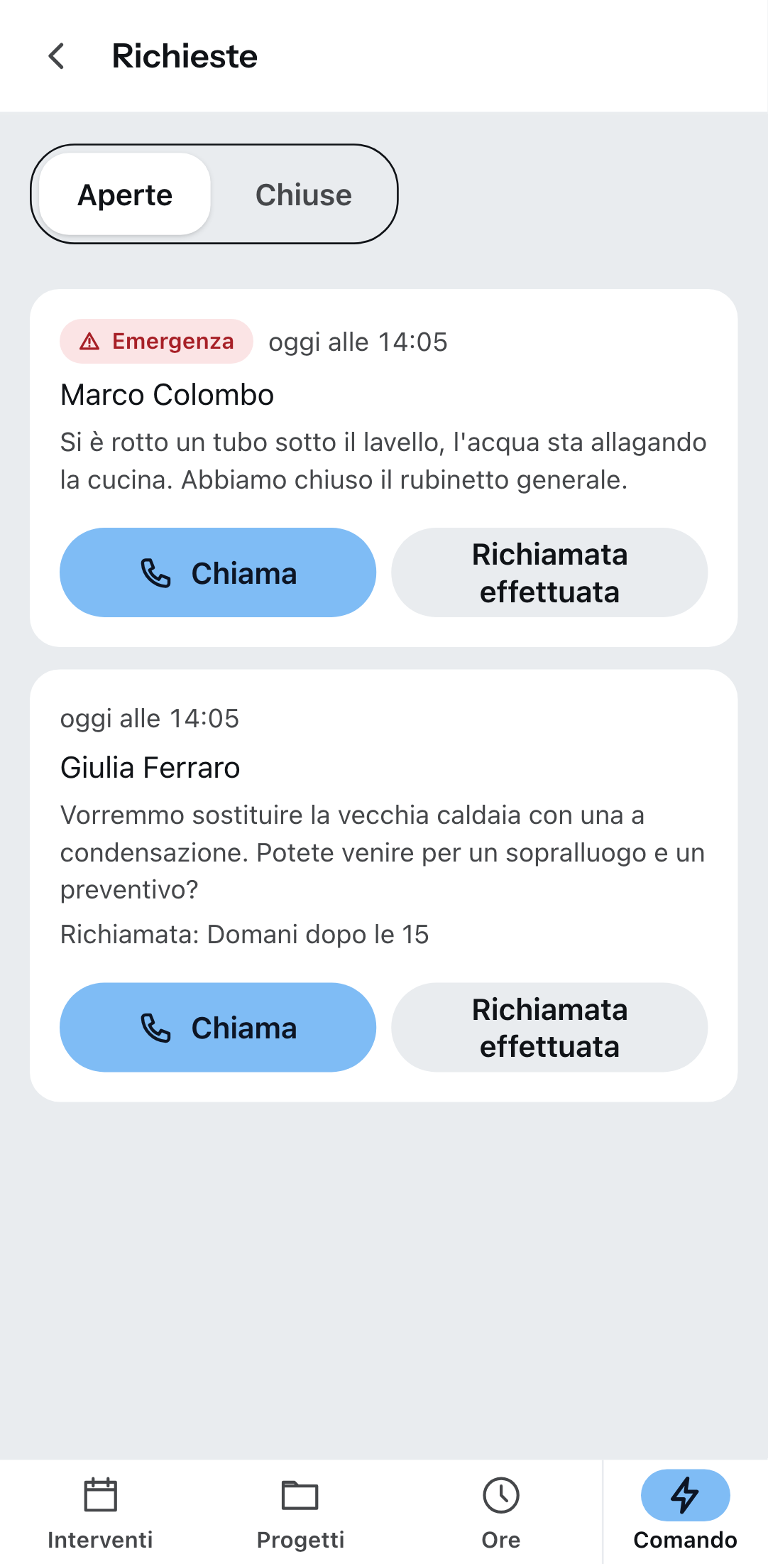 «Richieste» nell’app Zirko: prima l’emergenza, sotto una richiesta con richiamata.