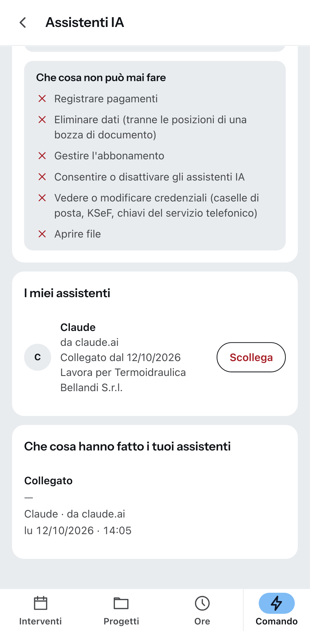 «Assistenti IA» nell’app Zirko: un assistente collegato e il pulsante con cui lo scolleghi.