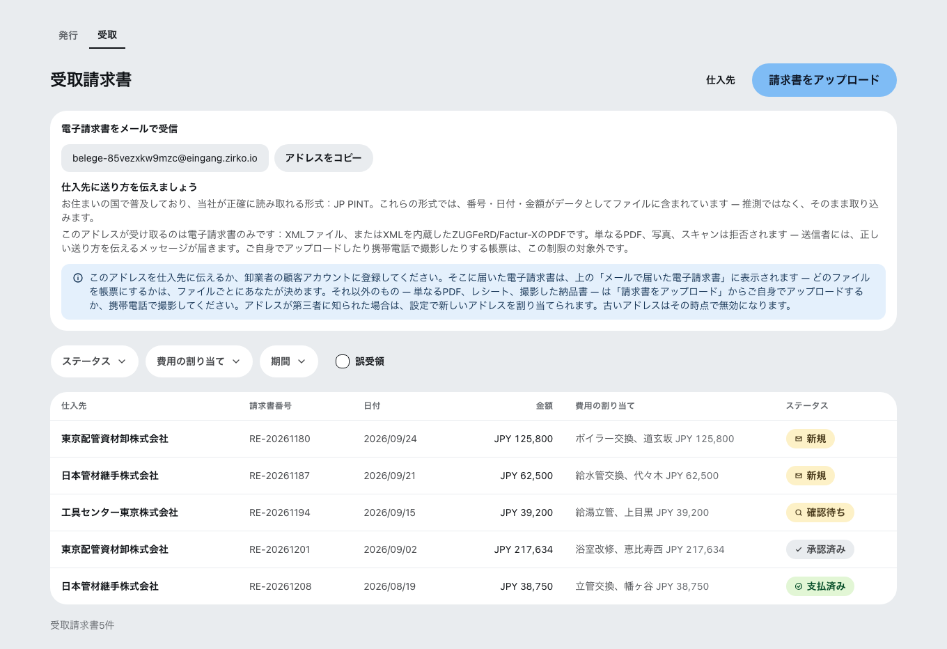 請求書受信画面。上部に事業者専用の受信アドレスと受け付けるフォーマットの説明、その下に仕入先・請求書番号・日付・金額・原価配賦・ステータスが行ごとに並びます。