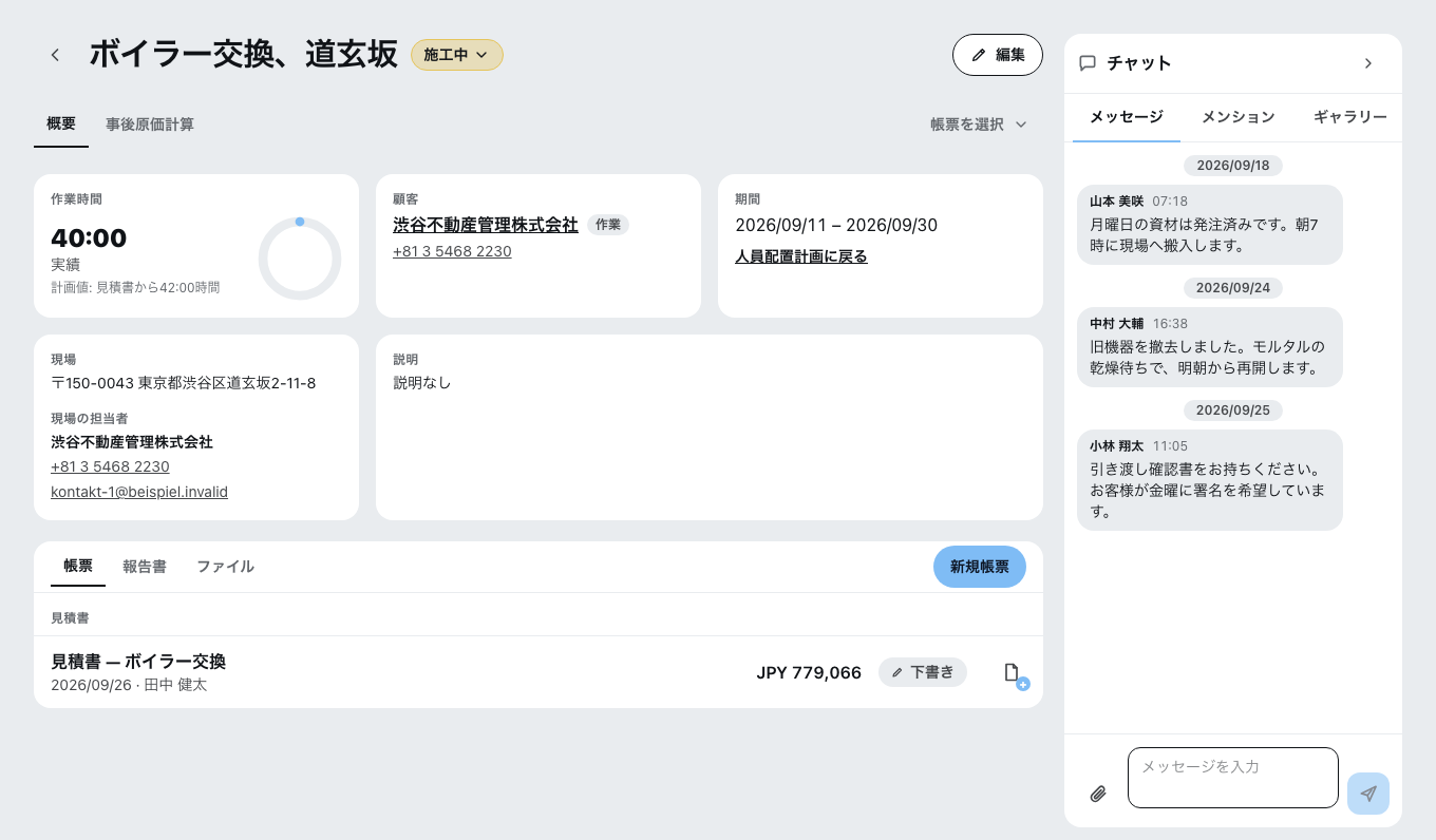 開かれた案件。上部に概要と原価管理のタブ、左に記録済みの作業時間・顧客・期間・現場住所、その下に帳票・報告書・ファイルのタブ、右には3件のメッセージが並ぶ案件チャット。