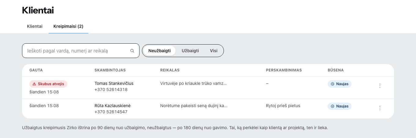 Kortelė „Kreipimaisi“ skiltyje Klientai: viršuje skubus atvejis, pažymėtas kaip skubus, po juo kreipimasis su prašymu perskambinti, prie kiekvieno skambintojas, reikalas ir perskambinimas.
