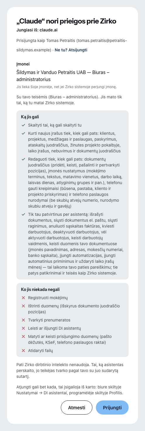 Zirko sutikimo puslapis, kai Claude nori prisijungti: kas prašo ir iš kur, kas prisijungęs, kuriai įmonei ir su kokiomis teisėmis, apačioje – ką asistentas gali ir ko niekada.