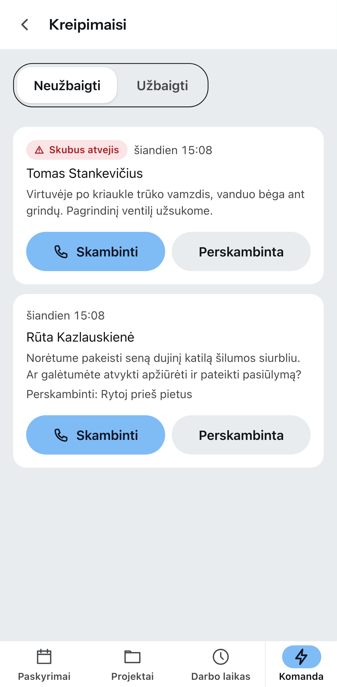 „Kreipimaisi“ Zirko programėlėje: pirmiausia skubus atvejis, po juo kreipimasis su prašymu perskambinti.