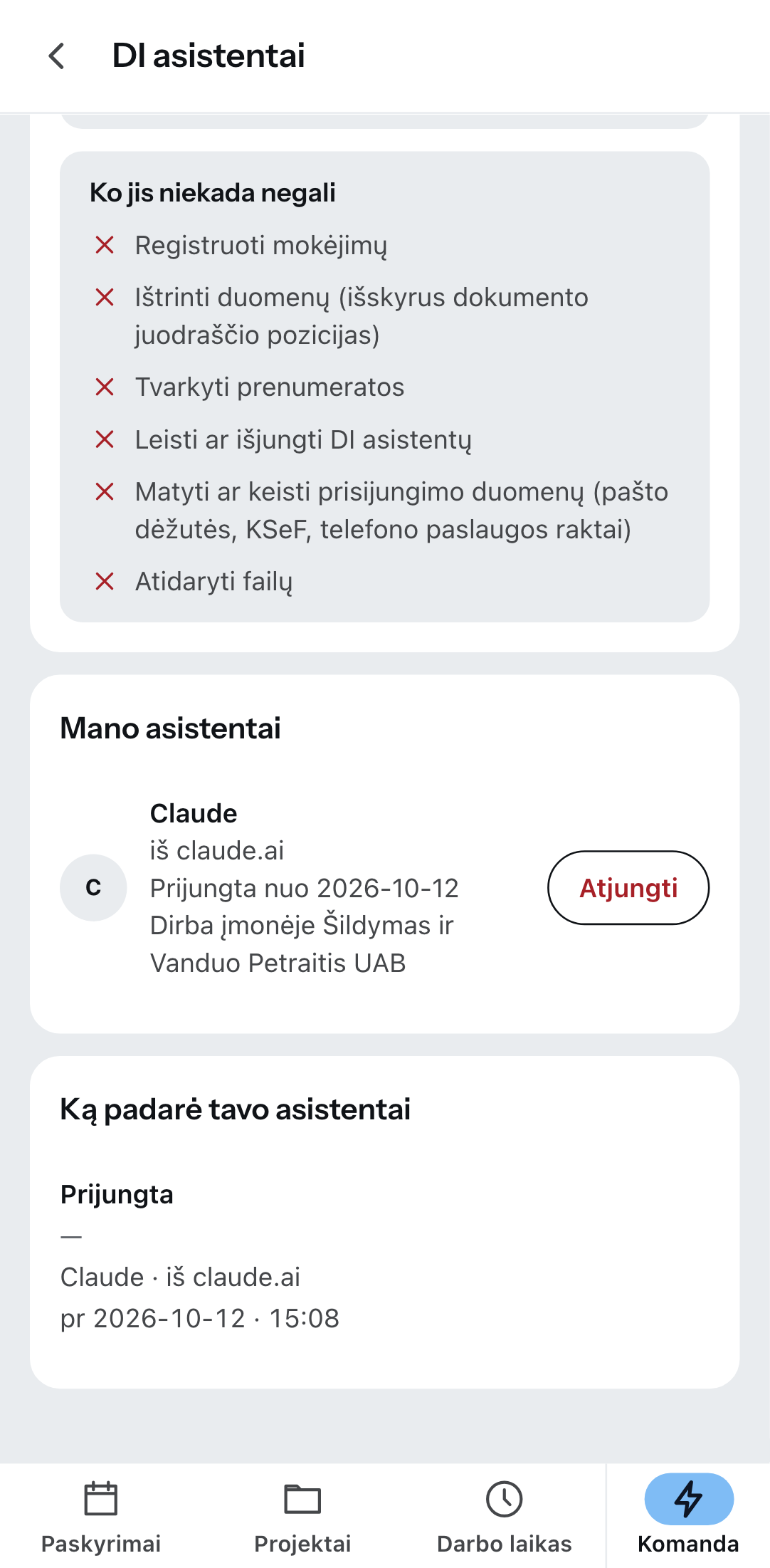 „DI asistentai“ Zirko programėlėje: prijungtas asistentas ir mygtukas, kuriuo jį atjungi.