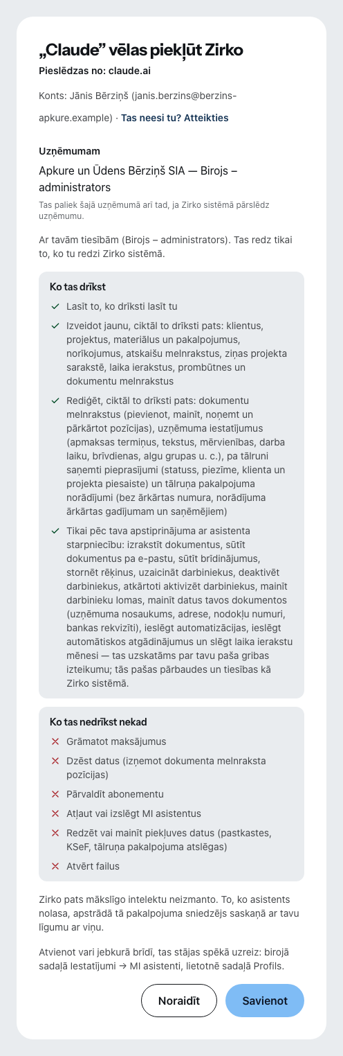 Zirko piekrišanas lapa, kad Claude vēlas savienoties: kas lūdz un no kurienes, kas ir pieteicies, kuram uzņēmumam un ar kādām tiesībām, zemāk – ko asistents drīkst un ko nekad.