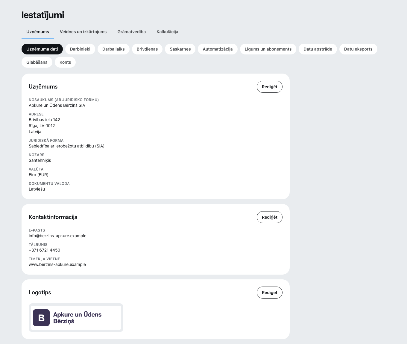 Iestatījumi ar cilnēm: uzņēmums, veidnes un izkārtojums, grāmatvedība un kalkulācija.