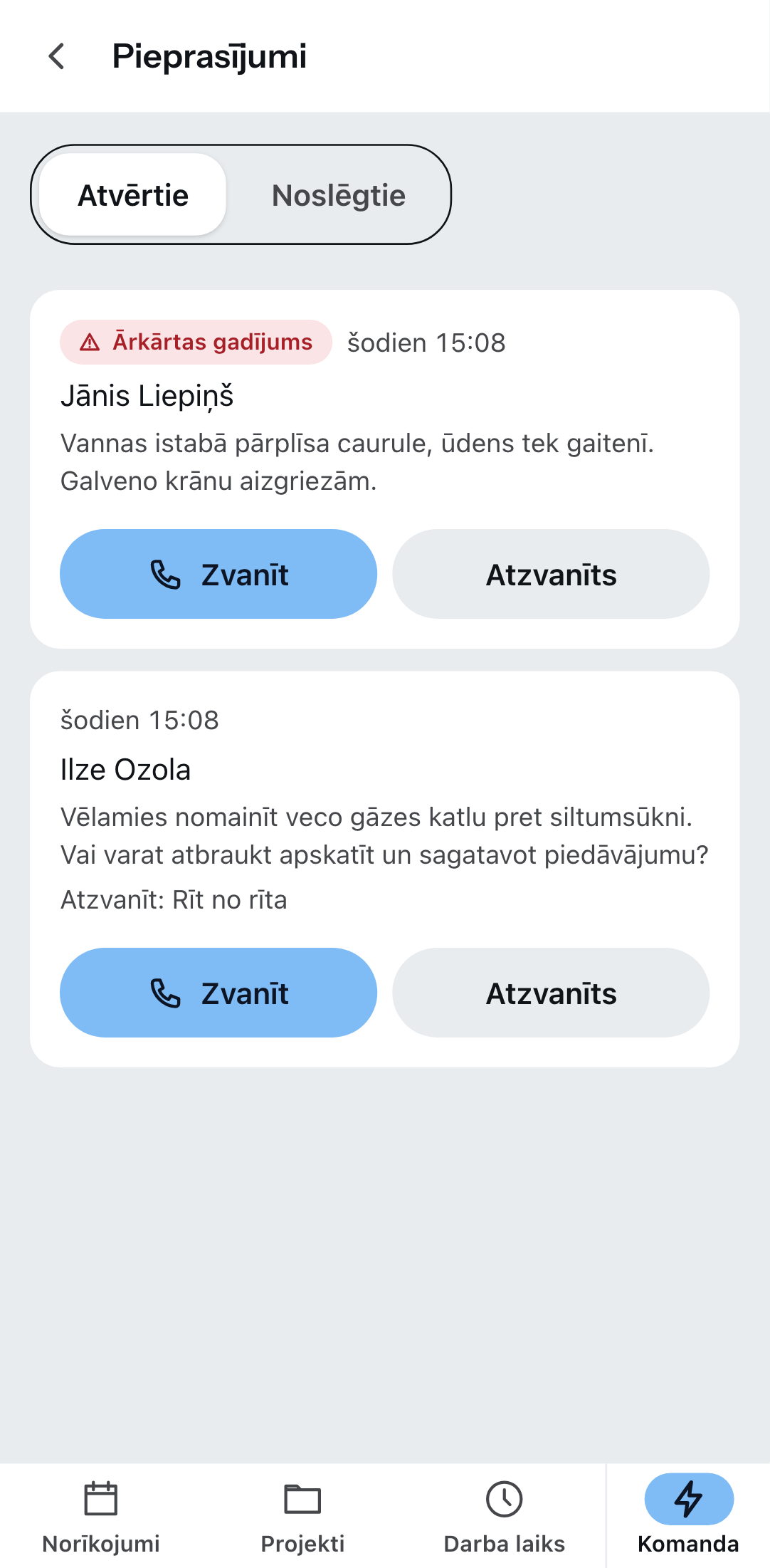 „Pieprasījumi“ Zirko lietotnē: vispirms ārkārtas gadījums, zem tā pieprasījums ar atzvanīšanas vēlmi.
