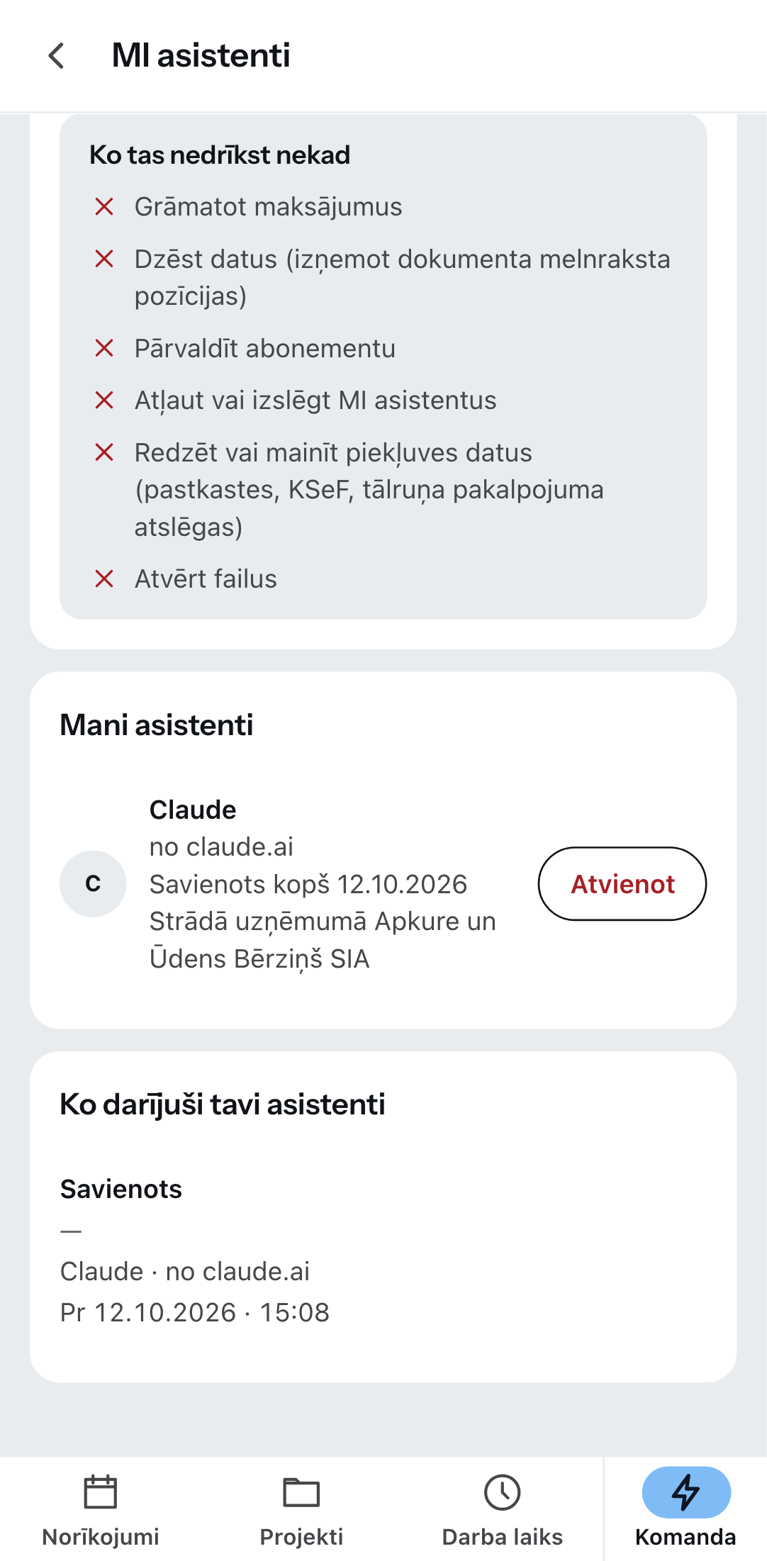 „MI asistenti“ Zirko lietotnē: savienots asistents un poga, ar kuru to atvieno.