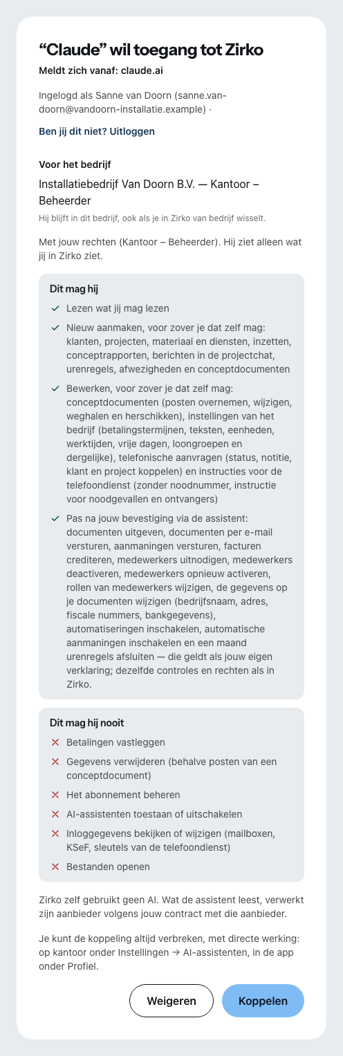 De toestemmingspagina van Zirko als Claude wil koppelen: wie het vraagt en vanaf waar, wie is ingelogd, voor welk bedrijf en met welke rechten, daaronder wat een assistent mag en wat nooit.