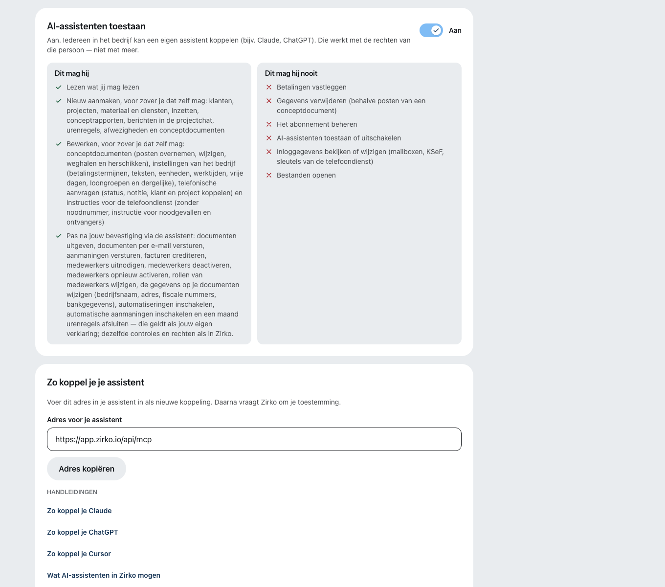 De instelling „AI-assistenten”: de schakelaar „AI-assistenten toestaan” staat aan, daaronder wat een assistent mag en wat nooit, en het adres voor je assistent om te kopiëren.