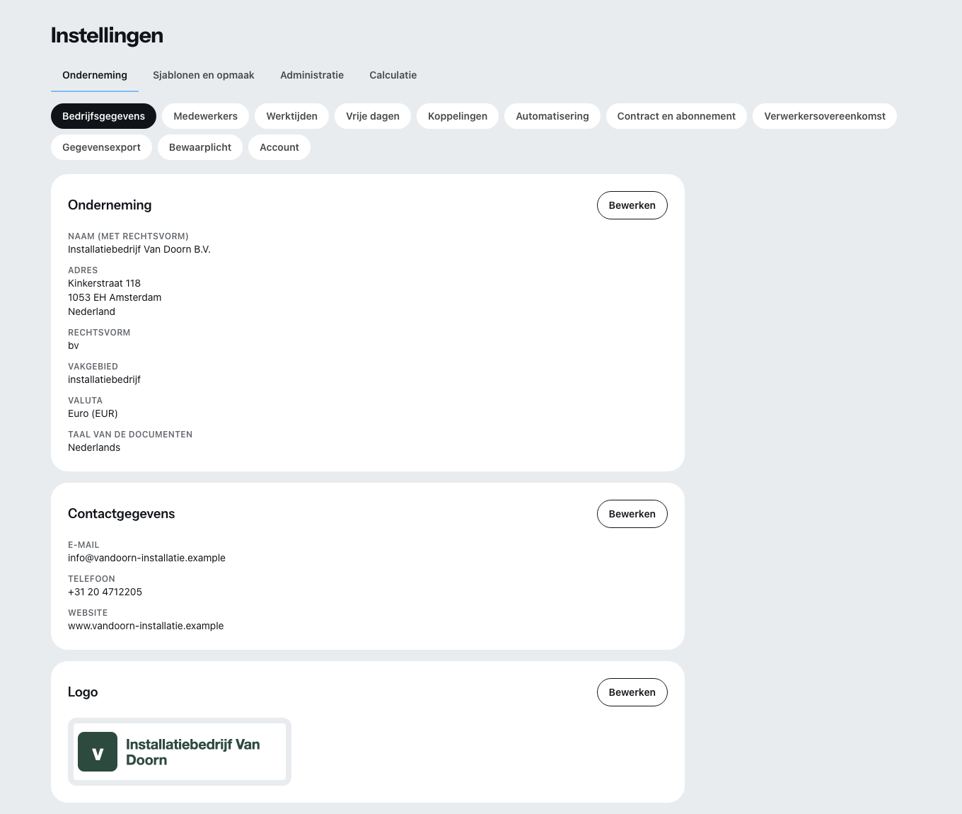 De instellingen met de tabbladen bedrijf, sjablonen en opmaak, boekhouding en calculatie.