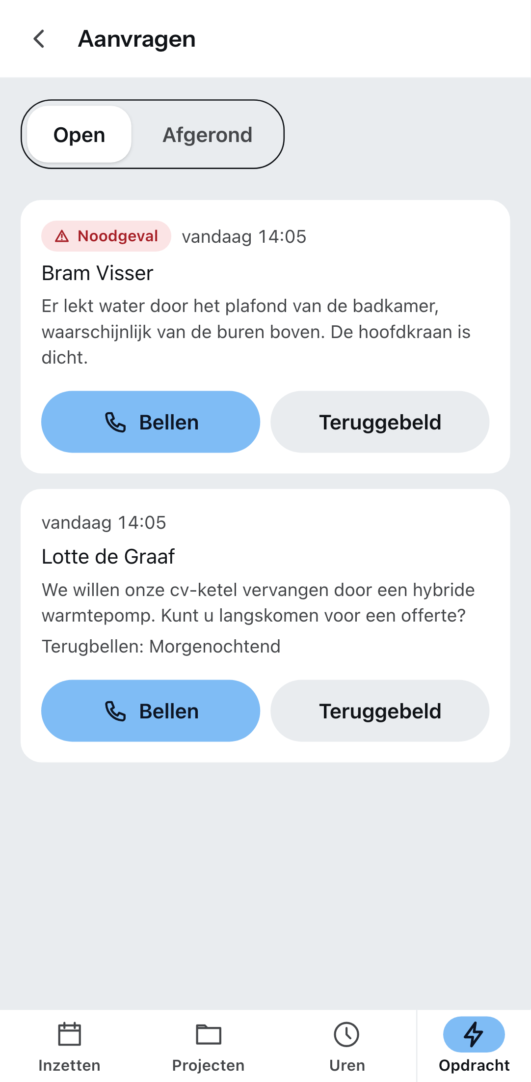 „Aanvragen” in de Zirko App: het noodgeval eerst, daaronder een aanvraag met terugbelverzoek.
