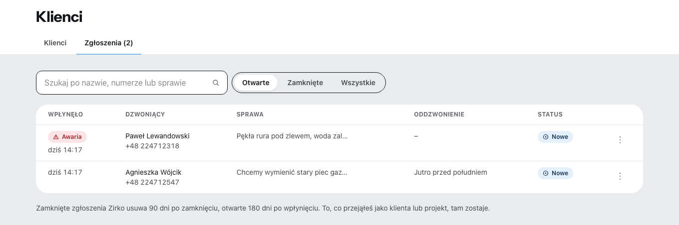 Zakładka „Zgłoszenia” w sekcji Klienci: na górze awaria, oznaczona jako awaria, pod nią zgłoszenie z prośbą o oddzwonienie, przy każdym dzwoniący, sprawa i oddzwonienie.