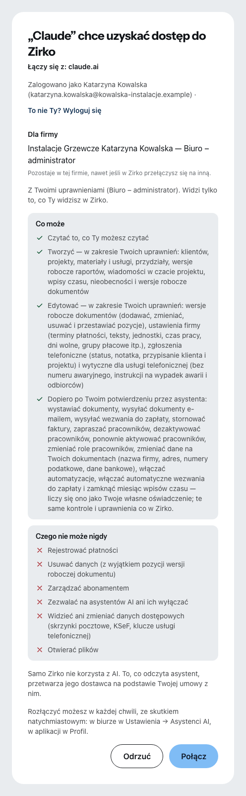 Strona zgody w Zirko, gdy Claude chce się połączyć: kto prosi i skąd, kto jest zalogowany, dla której firmy i z jakimi uprawnieniami, pod spodem to, co asystent może, a czego nigdy.
