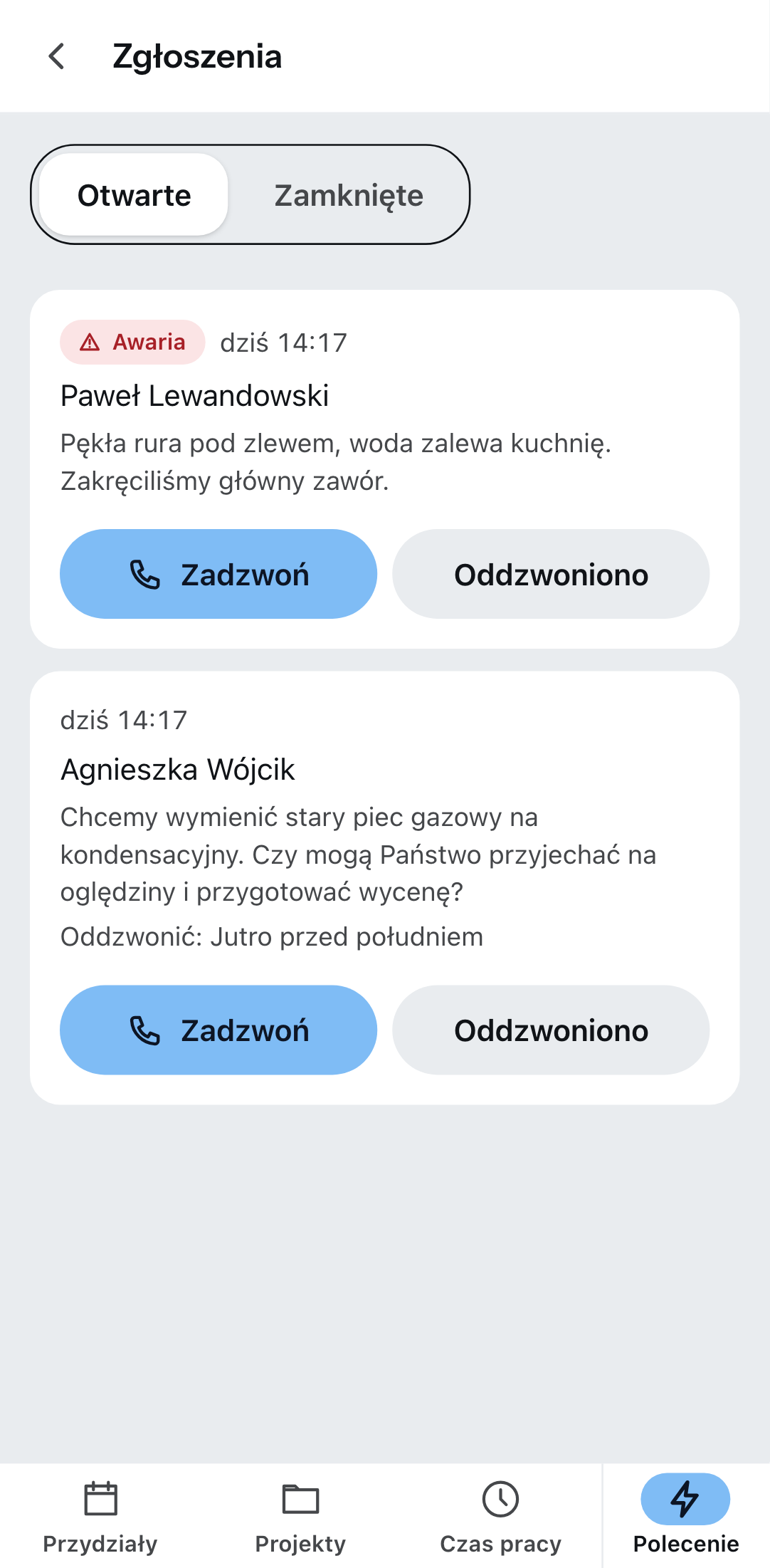 „Zgłoszenia” w aplikacji Zirko: najpierw awaria, pod nią zgłoszenie z prośbą o oddzwonienie.
