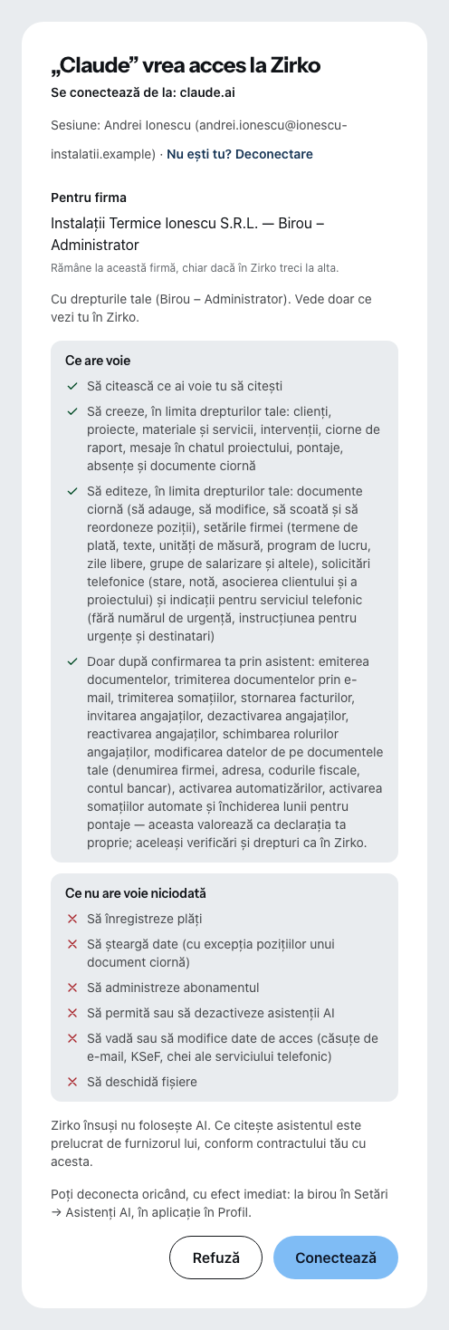 Pagina de consimțământ din Zirko când Claude vrea să se conecteze: cine cere și de unde, cine e autentificat, pentru ce firmă și cu ce drepturi, dedesubt ce are voie un asistent și ce niciodată.