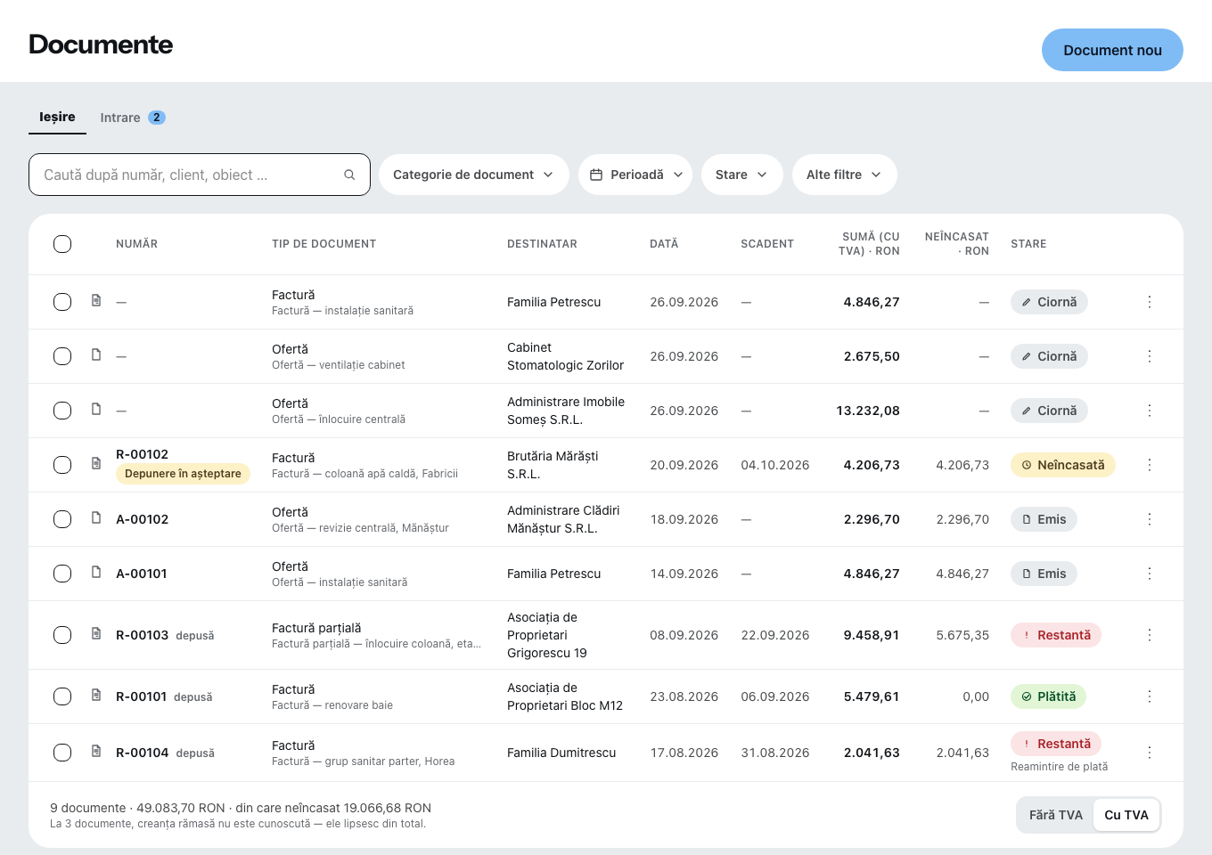 Lista documentelor la birou: oferte și facturi cu destinatar, dată, sumă și stare, deasupra filtrele după tipul documentului, perioadă și stare.